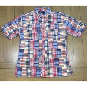 LANDS END Patchwork Plaid Madras Short Sleeve Button Down Shirt Coastal Prep M